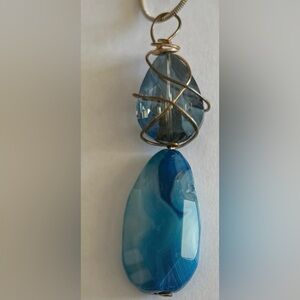Golden Seed Beads And Blue Agate Crystal Wire-Wrapped Pendant Necklace